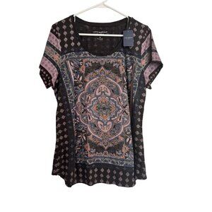 Lucky Brand Tee Size 1X NWT $40 BOHO Print Black Scoop Neck Shirt